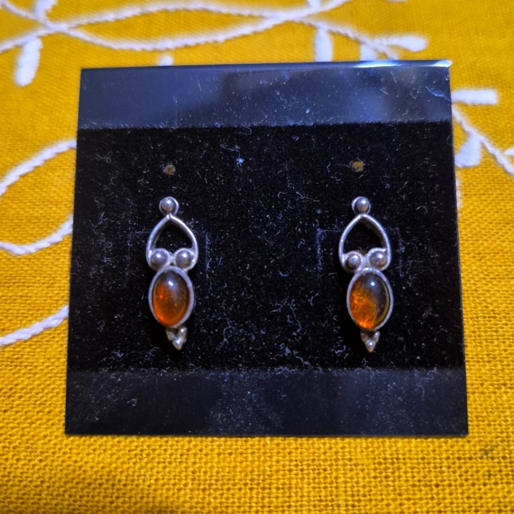 Elegant Vintage Sterling Silver and Amber Earrings